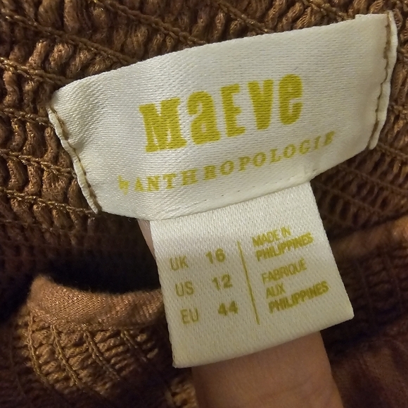 Anthropologie Maeve Women's Smocked Neck Brown Neutral Ruffle Cropped Top Sze 12 - Picture 3 of 5